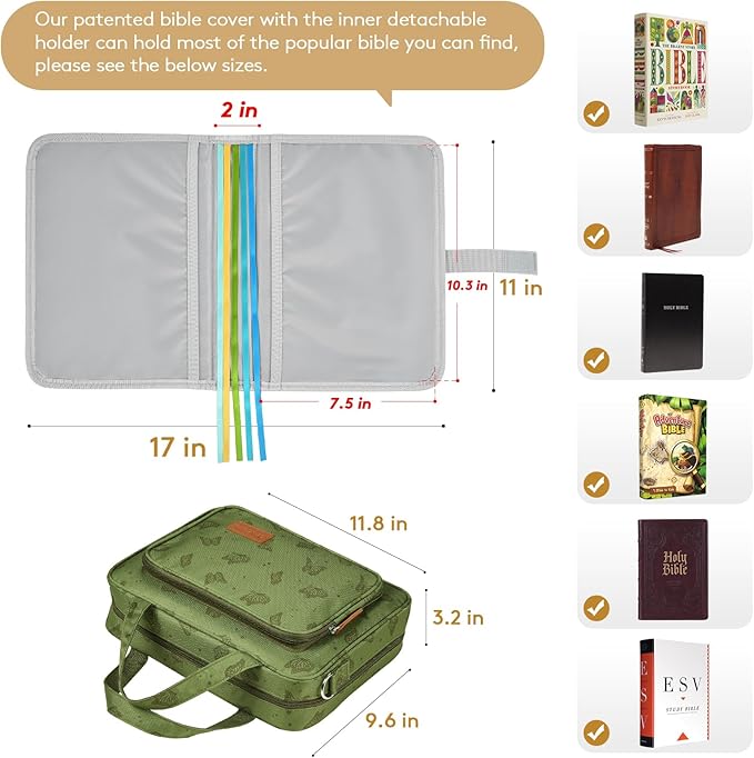 Bible Cover Case Deluxe with Gift Box - Water-Resistant Bible Cover Crossbody Bag for Large Print Bibles, Complete Study Kit with Bookmarks, Pens & Stickers, Green Butterfly