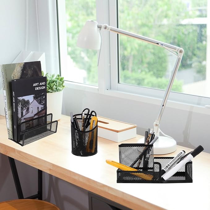 3Pcs Mesh Desk Organizer Pen Holder Set with Multi-Compartment Storage, Black Metal Office Supply Organizers for Student and Office Desk Use