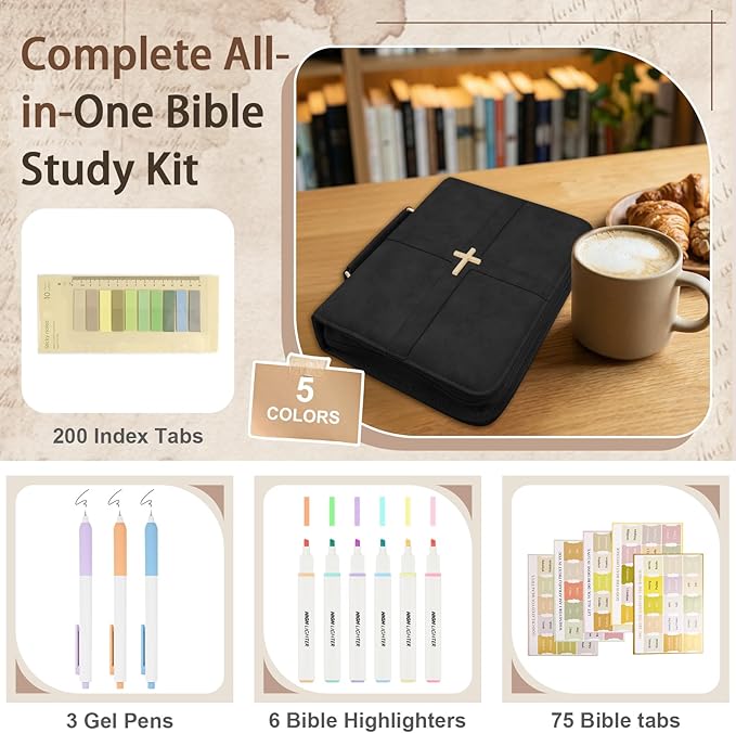 Classic Leather Bible Cover Case with Cross Design and Handle for Men Women, Durable Bible Study Supplies Organizer Carrying Bag, Perfect Christmas Gifts for Christians with Gift Box（Black