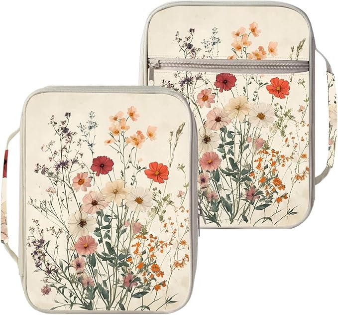 Vintage Wildflower Bible Cover for Women | Floral Scripture Case with Zipper and Handle | Large Polyester Bible Bag with Pockets for Church, Study & Travel | Christian Gifts for Women