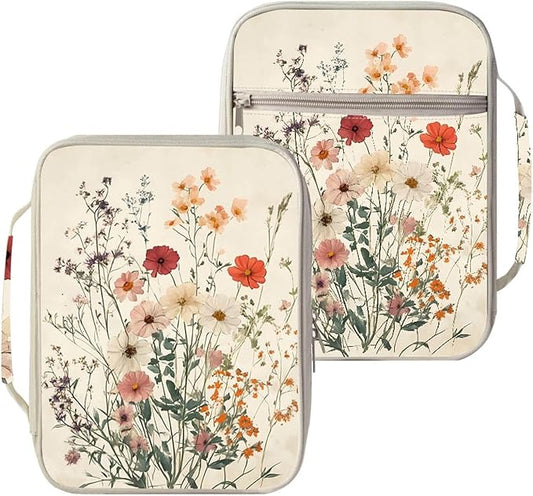 Vintage Wildflower Bible Cover for Women | Floral Scripture Case with Zipper and Handle | Large Polyester Bible Bag with Pockets for Church, Study & Travel | Christian Gifts for Women