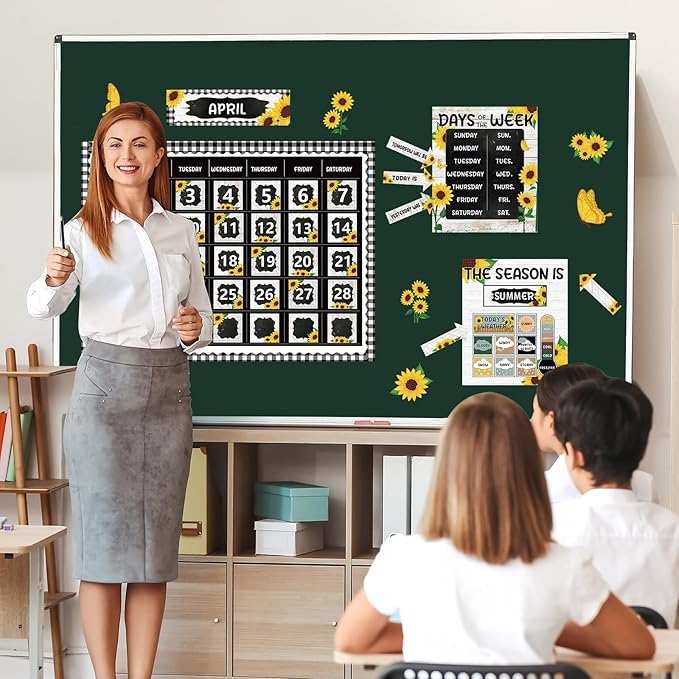 Sunflower Calendar Bulletin Board Set for Classroom Decoration Sunflower Calendar Seasons Weather Chart Summer Flower CTP Bulletin Board Paper-Cuts for Teachers Elementary School Classroom