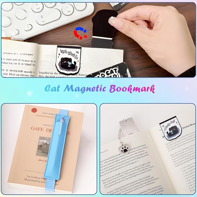 Cat Bookmark Set,with Two Cat Thumb Book Page Holders,Pen Holder,and Cat Magnetic Bookmarks,Metal Book Marks for Reading,Book Accessories,Cat Lover Gift,Cute Bookmarks for Women,Cat Lovers,7 Pcs
