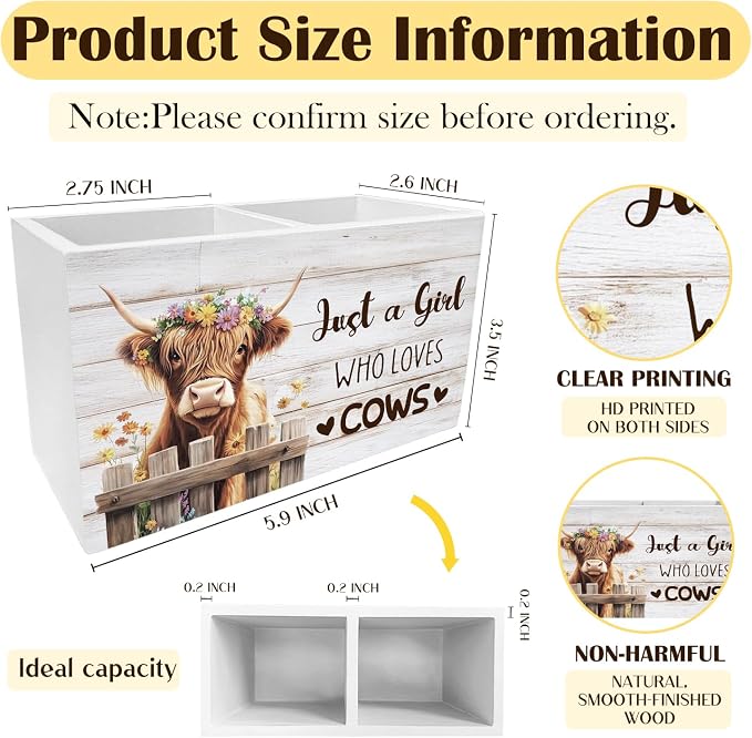 Highland Cow Gifts Pen Holder for Desk, Just a Girl Who Loves Cows Pencil Organizer, Rustic Floral Heifer Wooden Box Sign Desk Decor for Girls Bedroom Home Office Decoration
