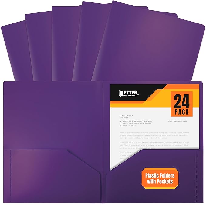 Better Office Products Heavyweight Plastic 2 Pocket Portfolio Folder, Letter Size Poly Folders 24 Pack (Purple)