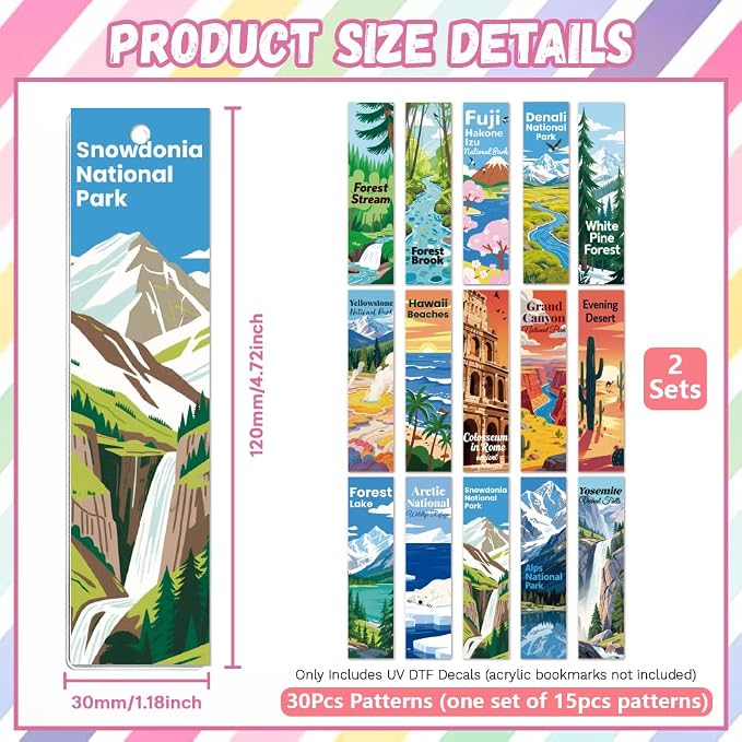 Peacoblue 30pcs UV DTF Bookmarks Transfer Stickers Wraps Flat Illustration Landscape for Women Men Reading, Waterproof Bookmarkers Decal(No Blank Bookmarks) for Acrylic Plastic Metal Blank Bookmark