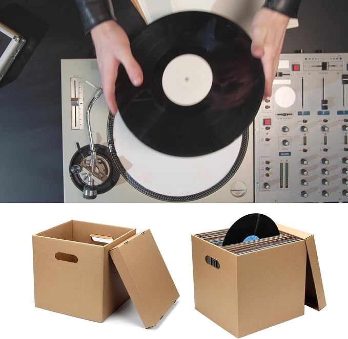 10 Pcs Cardboard Vinyl Record Storage Box, Stackable Moving Box with Handles and Lids, Sturdy Cardboard Crate Vinyl Record Crate for Storing Album Document File Folder Organizer