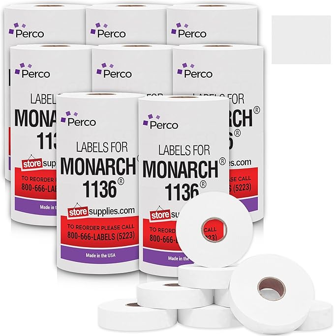 Perco Removable Adhesives White Labels for Monarch 1136 Price Gun - Case of 8 Sleeves - Pack of 112,000 Pricemarking Labels