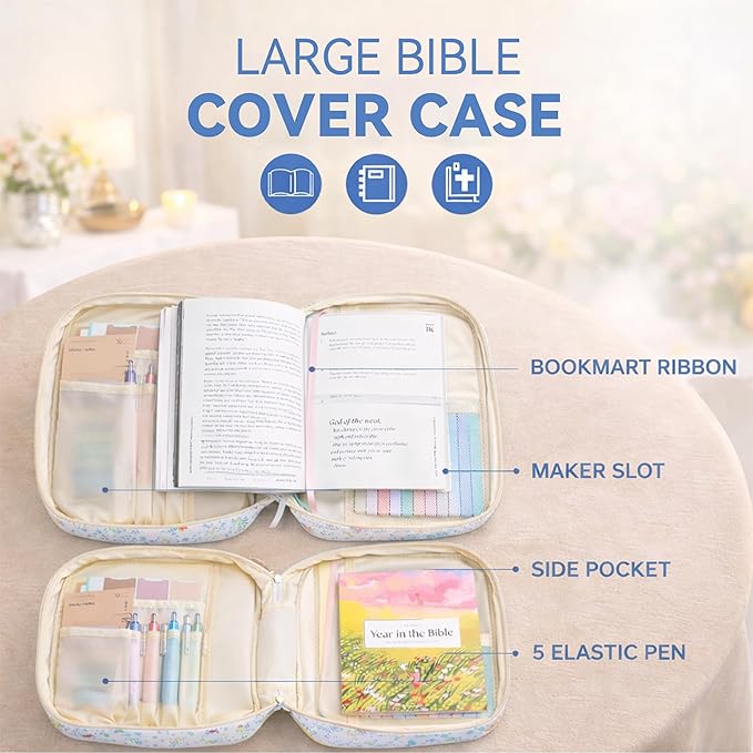 Bible Bag for Women, Bible Cover Case with Study Supplies,Large Quilted Bible Bag with Handle and Zipper, Suitable for Christian Books-Christian Gift for Girls(Blue Patchwork Flowers)
