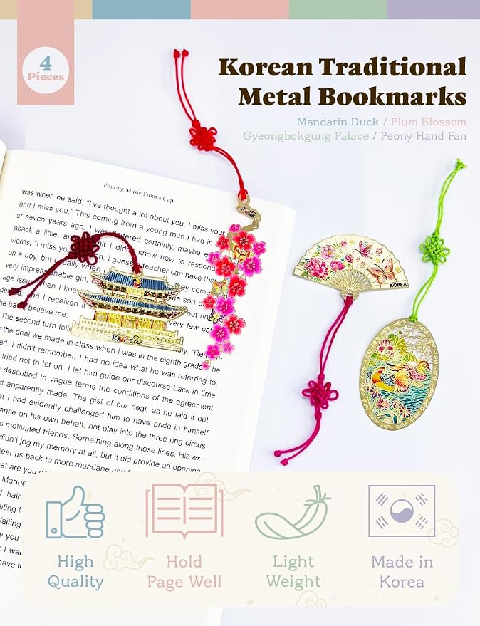4 Pieces Metal Bookmark (Mandarin Duck, Plum Blossom, Gyeongbokgung Palace, Peony Hand Fan) + 4 Envelopes - Korean Traditional Bookmark 책갈피 원앙, 매화꽃, 경복궁, 목단부채