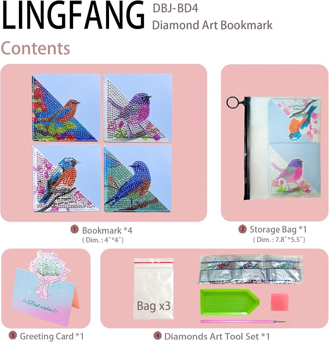 4 Pcs Diamond Painting Bookmark, DIY Corner Book Makers for Adults Book Lovers, Diamond Dot Art Beginners, Small Diamond Art Kits, Paint by Art Crafts Gift for Women Girls (Bird)