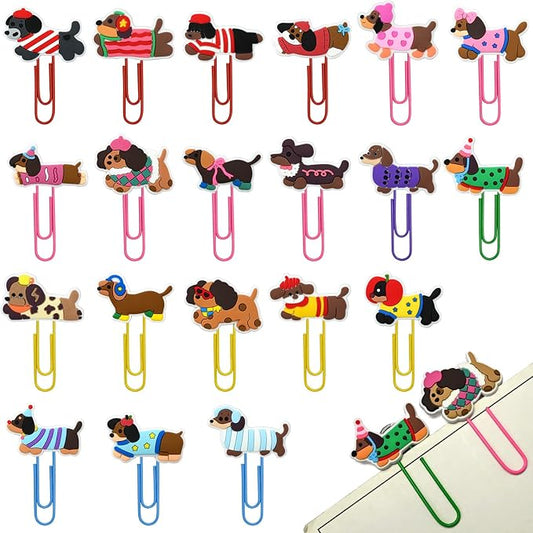 Cute Paper Clips, 20Pcs Cute Pet Dog Bookmark Paperclips Bulk Metal Fun Dachshund Planner Clip Charms Clamp Desk Accessories Stationery Colorful Office Supplies Gifts for Student Teacher Party Decor