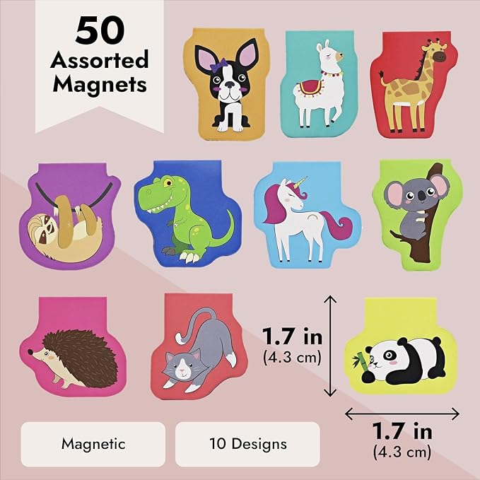 Bookmarks for Kids - 50-Pack Mini Animal Magnetic Bookmarks - 10 Designs, 1.7 x 1.7 in, Multicolor - Clip Markers for Reading & Classroom Essentials