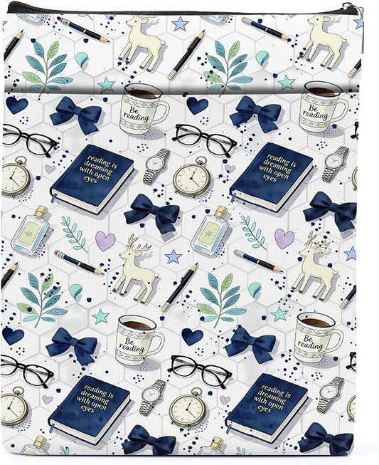 Cute Stationery Pattern Book Sleeve, Book Lovers Gifts Sleeve with Zipper & Front Pocket, 11.4x8.8 Inch Canvas Books Cover Protector Bookish Gifts for Readers Librarian Women Teacher