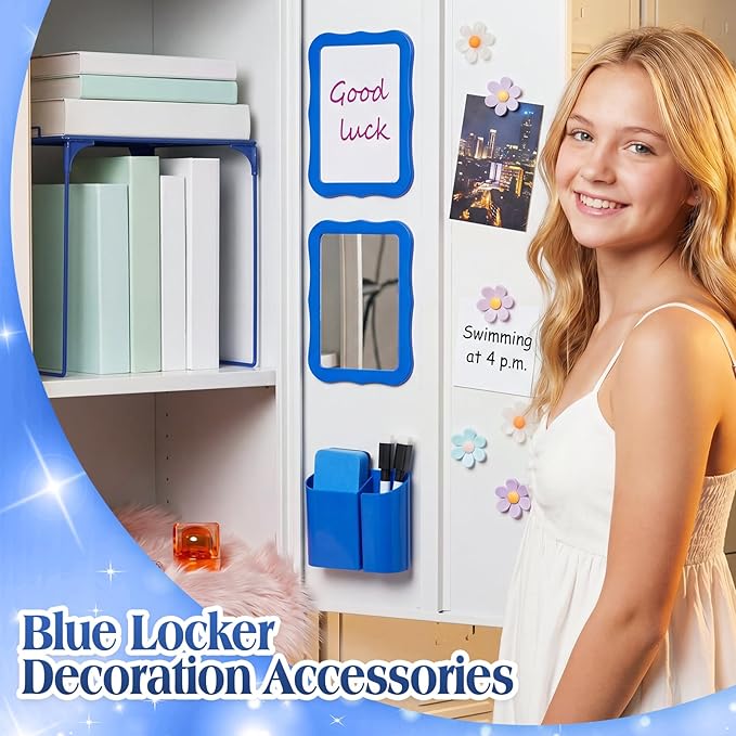 Colarr 16 Pcs Dark Blue Locker Accessories for Girls Includes Magnetic Whiteboard & Mirror Locker Shelf Pen Holder 2 Dry Erase Marker & Eraser 9 Flowers for Back to School Essentials Decoration