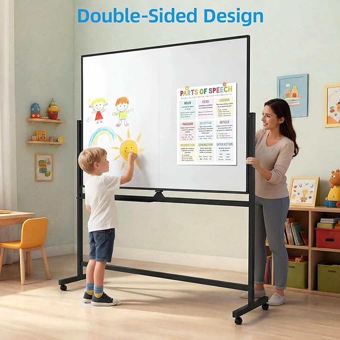 VOWNER Double-Sided Magnetic Whiteboard, 60" x 48" Mobile Dry Erase Board, Reversible Rolling White Board with Aluminum Frame & Stand, for Home Office, Classroom, School, Black