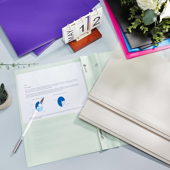Cholemy 72 Packs Pocket Folders with Prongs Heavy Duty Plastic Folder with Business Card Slot 3 Prong Fasteners for School Office (Soft)