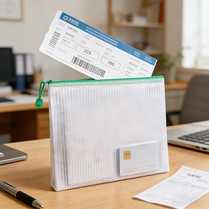 18-Pack Mesh Zipper Pouch Set with 1 Organizer Bag, 5 Sizes (A4 A5 A6 Bill B6) Clear Waterproof File Bags for Categorized Storage, Professional Travel & Home Office (19pcs)