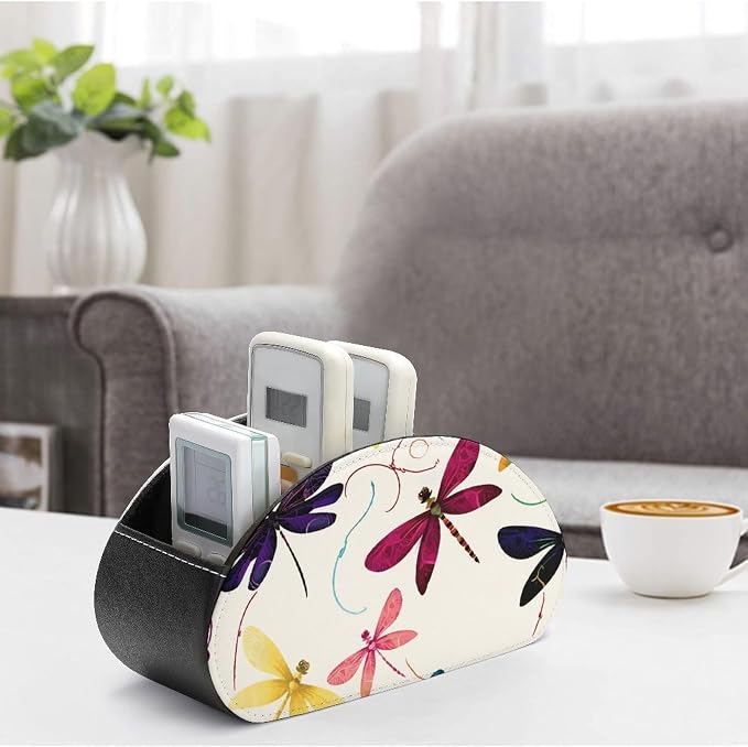 Colorful Dragonfly Remote Control Holder TV Remote Caddy with 5 Compartments PU Leather Storage Box Stylish Desk Organizer for TV/DVD/Accessories Desk Office Supplies Home