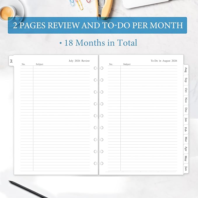 2026-2027 Monthly Planner Refill, Planner Inserts for 9-Disc Discbound Planner, 7" x 9.8", Jul. 2026 - Dec. 2027, 18 Monthly Calendars with Laminated Tabs