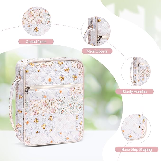 Large Bible Cover Case for Women,Quilted Bible Bag,Floral Bible Storage Bags with Zipper Pocket and Handle