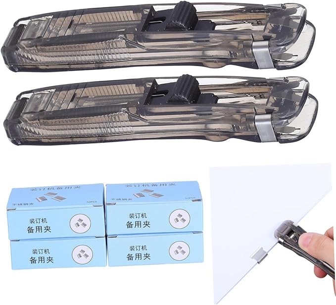 Handheld Desktop Stapler with 2 Black Staplers and 200 Refillable Clips for Document Binding and File Organization