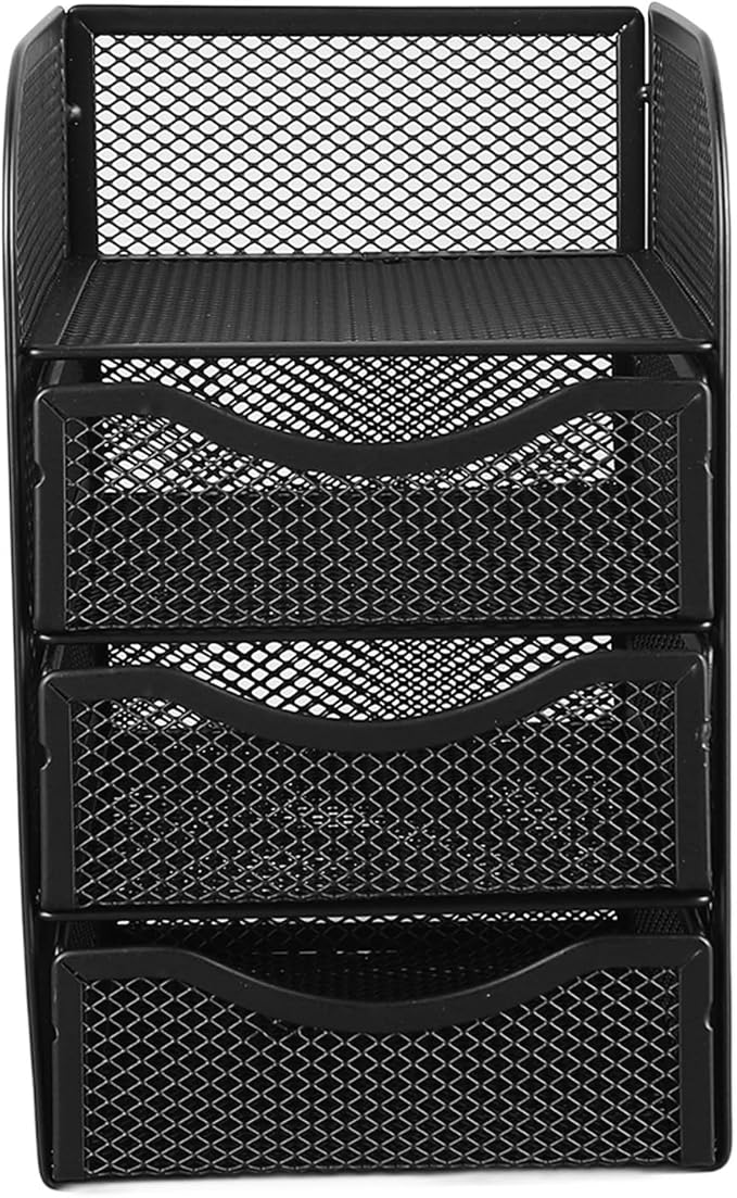 Desk Organizer with 3 Drawers Metal Mesh Slip Desktop Organizer for Office Supplies Stationery Black Office Products Desk Accessories Organizers Desk Supplies Holders