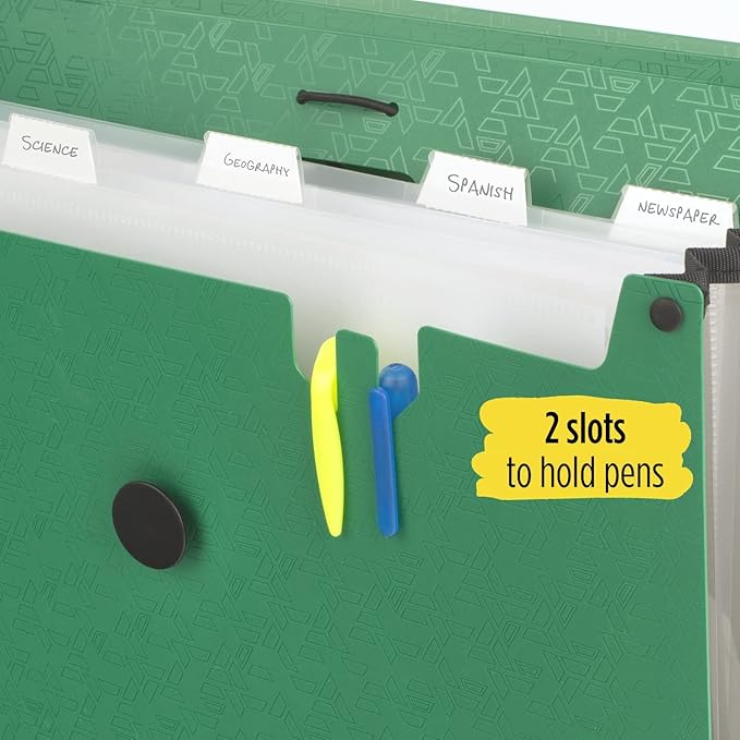 Five Star 6 Pocket Expanding File Organizer, Plastic Expandable File Folders with Pockets and Tab Inserts, Holds 11" x 8-1/2", Bungee Closure, Forest Green (72925)