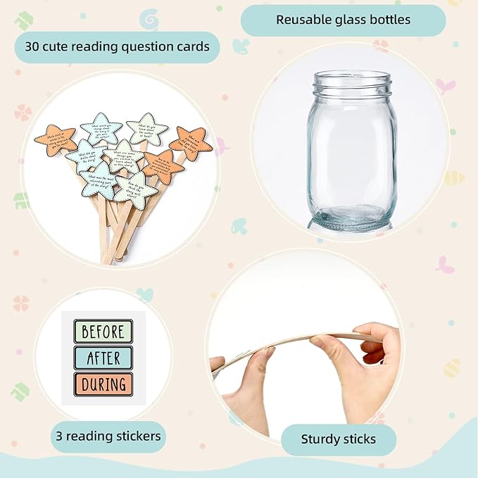 Eaasty 33 Pcs Classroom Management Supplies Bottle with Sticker Reading Comprehension Question Card Bulk Classroom Reading Tool Elementary Kindergarten Decoration Before During After Teacher Essential