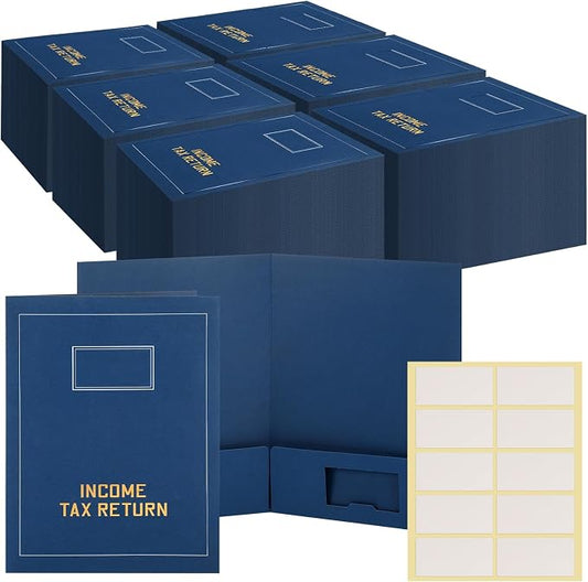 Kisston 200 Pcs Tax Return Folders Bulk 2 Pocket Gold Foil Stamped Income Tax Folders with Labels Business File Office Blank Organizer (Blue)