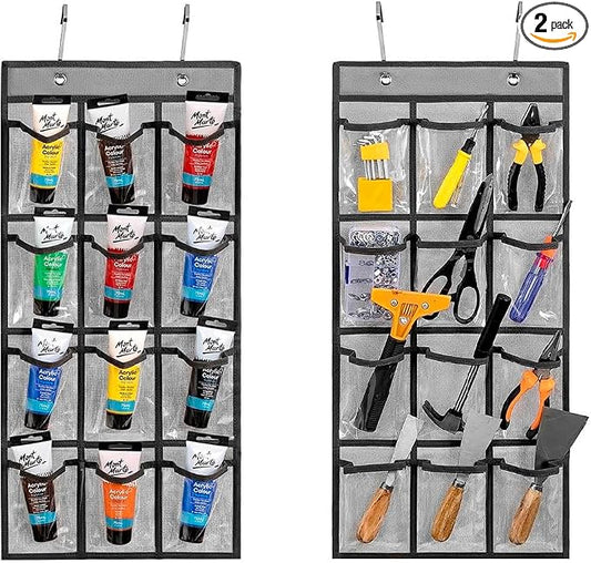 2 Pcs Classroom Pocket Chart Cell Phone Organizer Calculator Holder Over The Door Hanging Storage for Sock Underwear Jewelry with 12 Clear Pockets (Grey)
