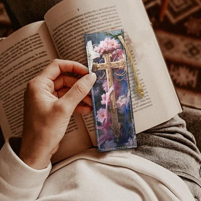 Floral Cross Bookmark Set of 2 for Bibles, Books Leather Bookmarks for Women Book Lover Bookish Book Marker with String for Bookworms Bookmarks Accessories Pink