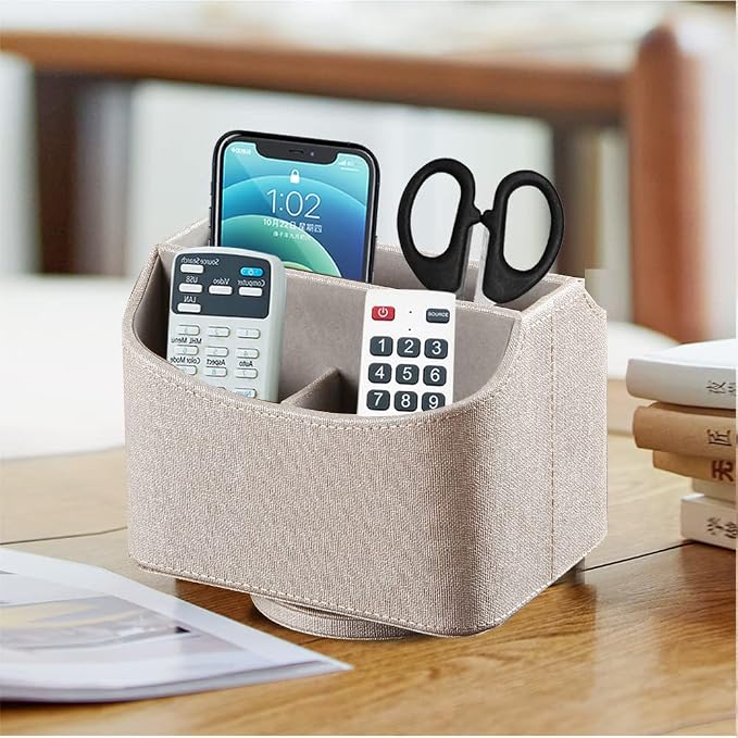 360° Rotating Remote Control Holder, PU Leather TV Remote Caddy Organizer Basket Storage Box with 5 Compartments for Pen, Pencil, Art Supplies, Makeup Brush, Office Desk Table Accessories