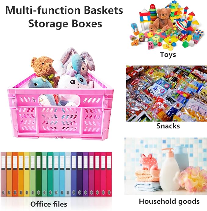 20L Folding Crate, 4Pack Plastic Storage Baskets Organizer for Home and Office,Collapsible Storage Crates for Home Office and Outdoor Organizer.(Pink)