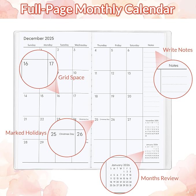 KONVINIT Pocket Calendar 2025-2027, Floral 2025-2027 Monthly Planner - 3.7" x 6.7" - Runs from July 2025 Until December 2027, 2026 Pocket Planner with PVC Cover for Home, School, Office Supplies