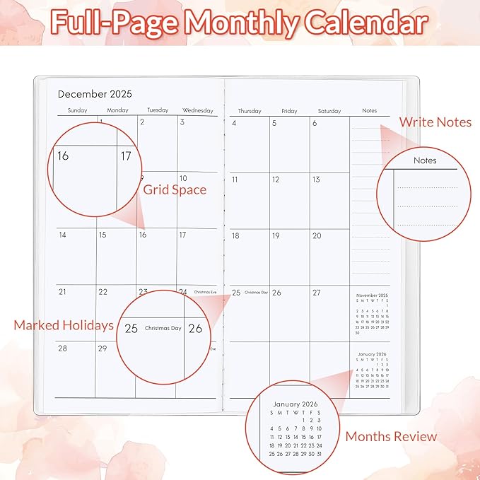 KONVINIT Pocket Calendar 2025-2027, Floral 2025-2027 Monthly Planner - 3.7" x 6.7" - Runs from July 2025 Until December 2027, 2026 Pocket Planner with PVC Cover for Home, School, Office Supplies