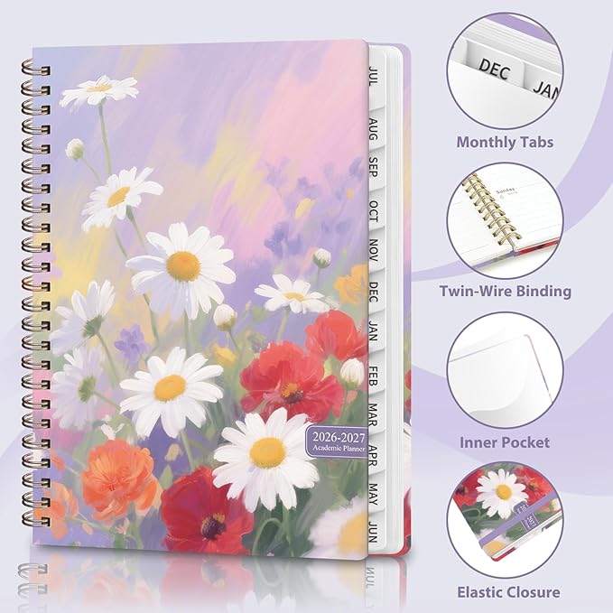 Academic Planner 2026-2027, Weekly and Monthly Agenda Planner, Daily Calendar Planning Notebook (July 2026 - June 2028), School Teacher Student Supplies, Daisy Blooms