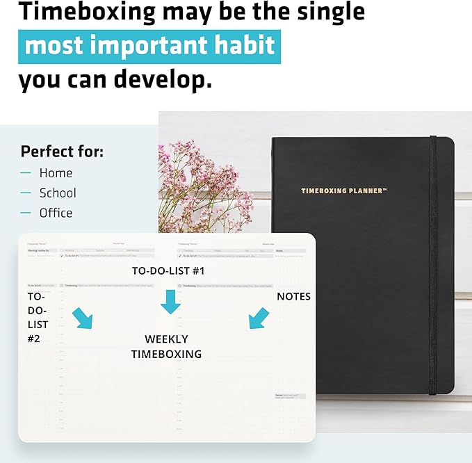 Timeboxing Planner - Structure to Turn To-Do into DONE | 52-Week Undated Organizer for Students & Busy People | 7×9 Flexible Cover - Black