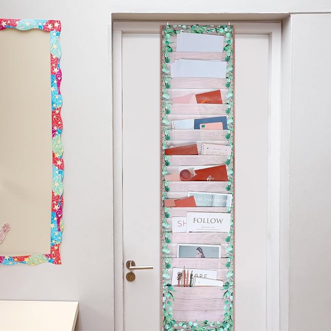 MotiMind 10 Pockets Wall Hanging File Folders File Storage Pocket Chart for Classroom Hanging Wall Organizer with 2 over the Door Hangers, 58" x 14" for School Classroom Office Home(Farmhouse)