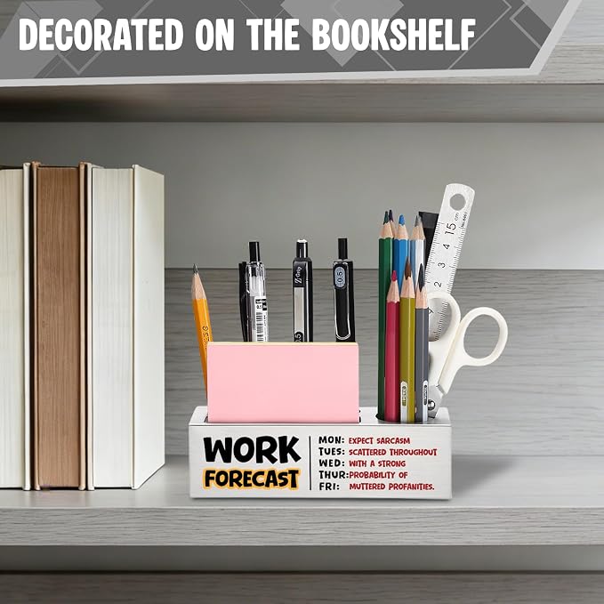 FOKCBOCM Funny Office Pen Holder with Work Forecast Design, Stainless Steel Desk Organizer Gift for Coworker, Sarcastic Workplace Humor Desk Decor, Text Style Desk Accessory-DS127