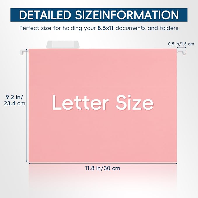 Pink Hanging File Folders,25 Pack Letter Size File Folders with 1/5-cut Tabs,Office Essentials for Filing Cabinet & Desk Storage