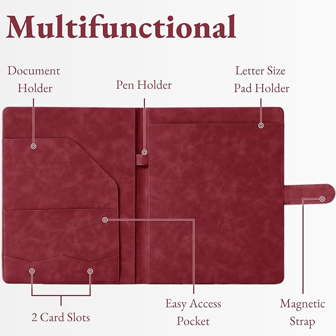 Mymazn Padfolio Portfolio Binder, Faux Leather Interview Resume Folder with Document Organizer & Business Card Holder, Letter-Sized Notepad Legal Pad Holder for Women Men (Red)