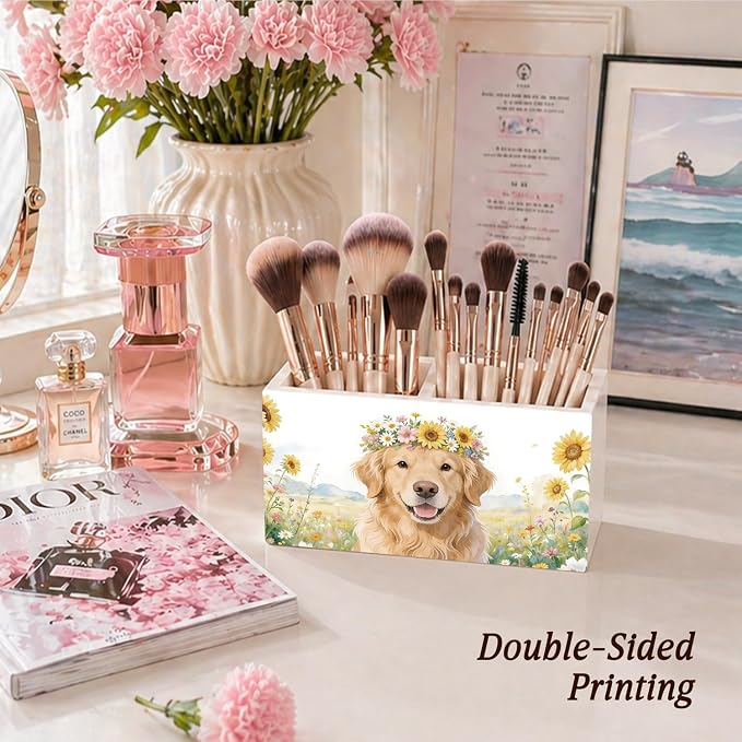 Golden Retriever Dog Floral Pen Pencil Holder for Desk, Golden Retriever Gifts for Women, Dog Mom Lover Gifts Pencil Holders Wooden Box Organizer for Home Office Bedroom Desk Tabletop