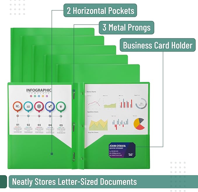 Mr. Pen- Plastic Folders with Pockets and Prongs, 5 Pack, Green, Pocket Folders, Folders with Prongs, File Folders with Fasteners, 2 Pocket Folder