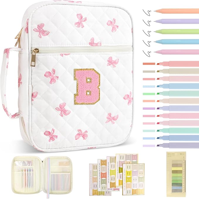 Personalized Initial Bible Cover Case for Women Girls Kid - Large Quilted Bible Case with Handle, Stylish Chenille Letter Bag Study Supplies, Perfect Christmas Gifts for Christians Women (Pink Bow-B)