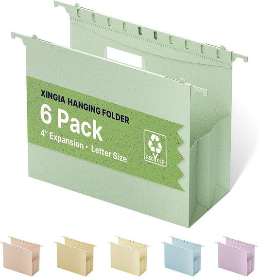 XINGIA Plastic Hanging File Folders Letter Size, Expandable 4 Inch File Folders Organizer, 6 Pcs File Cabinet Folders with 1/5 Cut Tabs, Ideal for Home and Office Organization & Papers Classification