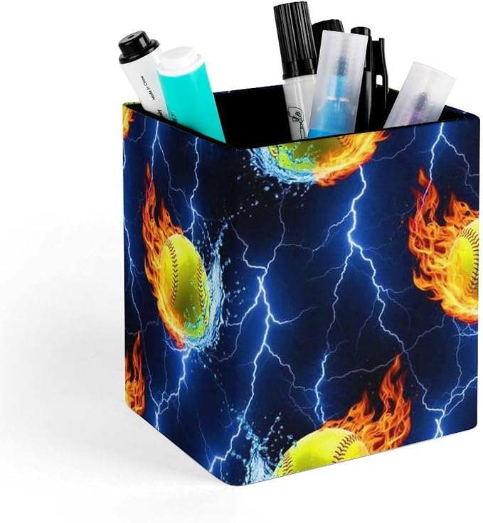 Men's Fashion Pencil Pen Holder Cup, Waterproof Office Supplies, Waterproof Multifunctional Office Supplies Blue Lightning Water Fire Flame Softball