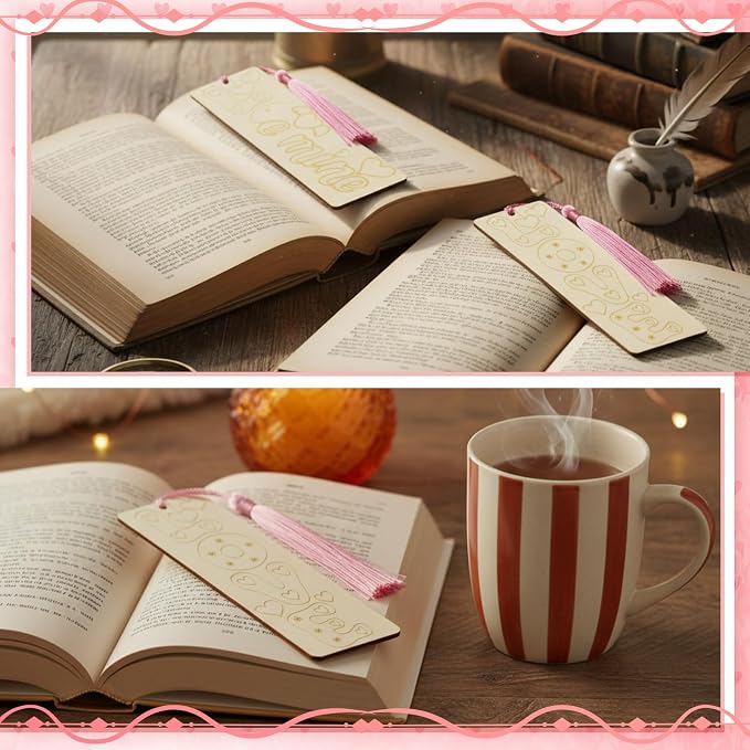 100 Pcs Valentine's Day Wood Bookmarks Bulk DIY Crafts Kit, 50 Set Blank Valentine Hearts Coloring Bookmarks with Tassel for Classroom Gifts Exchange Activity Reading Party Favor Reward Goodie Fillers