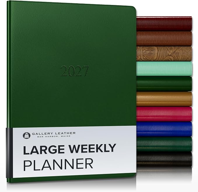 Gallery Leather Large Weekly Monthly Planner 2027, Elegantly Bound Calendar Planner and Notebook with Stylish Gold-Gilded Page Edges, 12 Months - Freeport Metallic Hunter - 9.75x7.5"