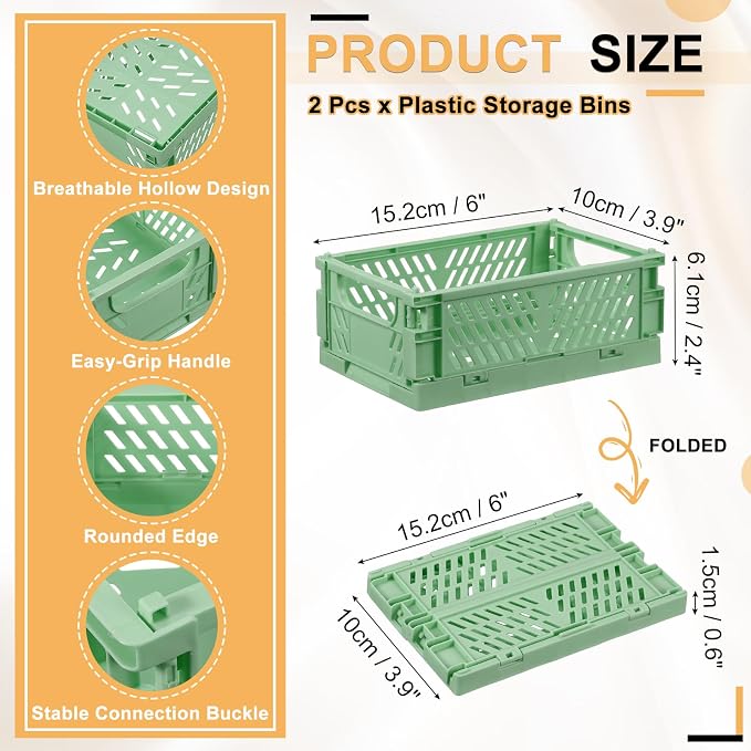 uxcell 2Pcs Small Plastic Storage Baskets, 6 x 3.9 x 2.4 Stackable Foldable Storage Bins with Handles Collapsible Crates for Home Office Shelves Closet Books Organizing, Green